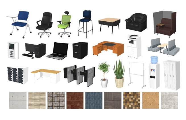 オフィス家具、テクスチャなどの収録パーツ