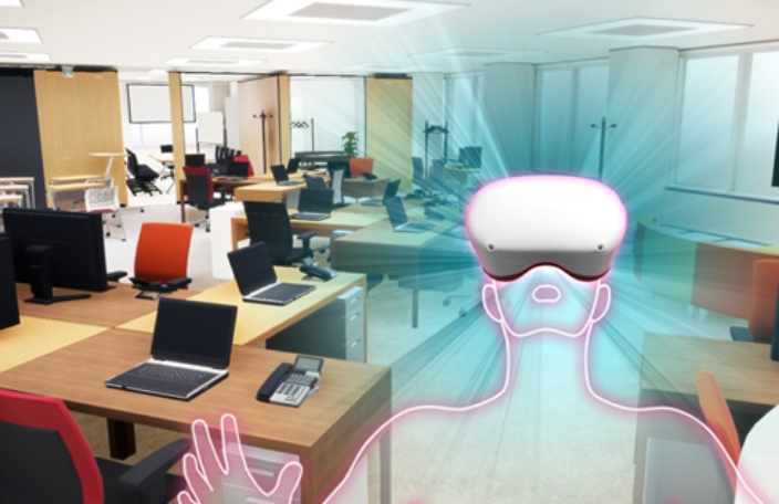 3Dオフィスデザイナーで作成したオフィス空間をVRで体験しているイメージ