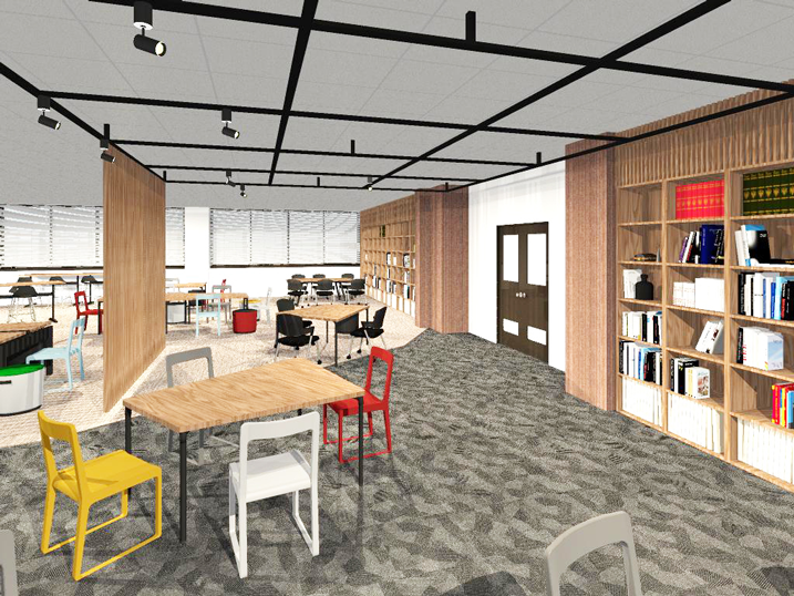 カラフルな家具を配置したプランのカラーバランスの確認も3Dパースの重要な役割