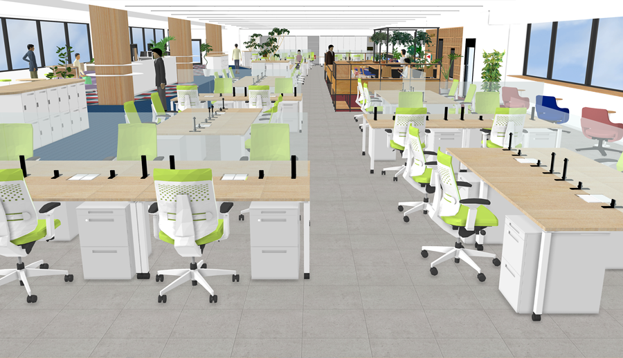 山中氏が作成した新オフィスの3Dイメージ。3Dデザイナーシリーズでオフィス家具メーカーの提案プランを360度自在化した。