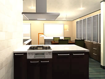 2列型+キッチンからリビングを見る