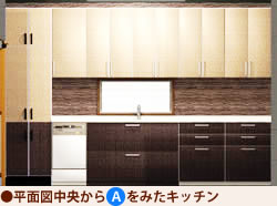 2列型+オープンタイプ平面図Aからみたキッチン