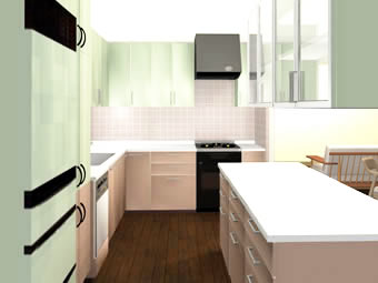 L型+セミオープンタイプキッチンからリビングを見る