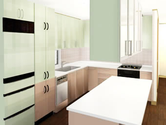 L型+セミオープンタイプリビングからキッチンを見る