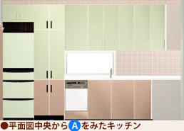 L型+セミオープンタイプ平面図Aからみたキッチン