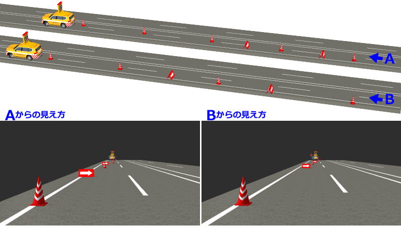 カラーコーンと山型両面矢印誘導板の配置の違いで見え方がどう変わるかを比較したイメージ