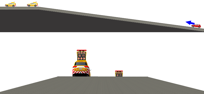 上り坂の上に規制を張るときのパトロールカーの位置の比較