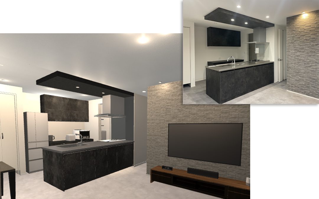 施主体験談より＞3Dイメージ（左）と完成写真（右上）