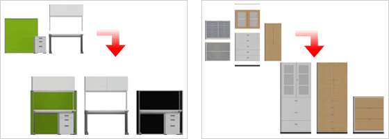 パネルやドアといった部材やカラーの組み合わせで、さまざまなデザインのパーティションに