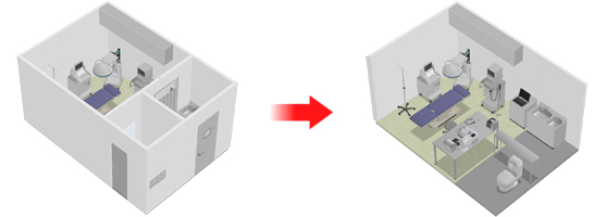 部屋の2辺の壁を透明化した例