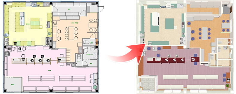 CAD図面を元に調剤薬局を立体化したイメージ