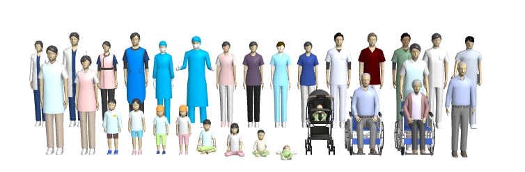 3D医療施設デザイナーに収録の医療スタッフ素材（後列）と新しく追加した福祉・保育向け人物素材（前列）