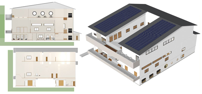「現代と過去をつなぐ五霊の歴史」の立面図と外観パース