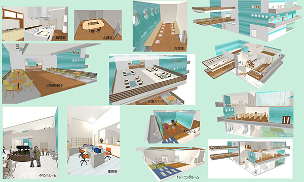 「SUBMARINE」の各所のパース。家具や人をたくさん置いて、完成イメージが伝わるように工夫した