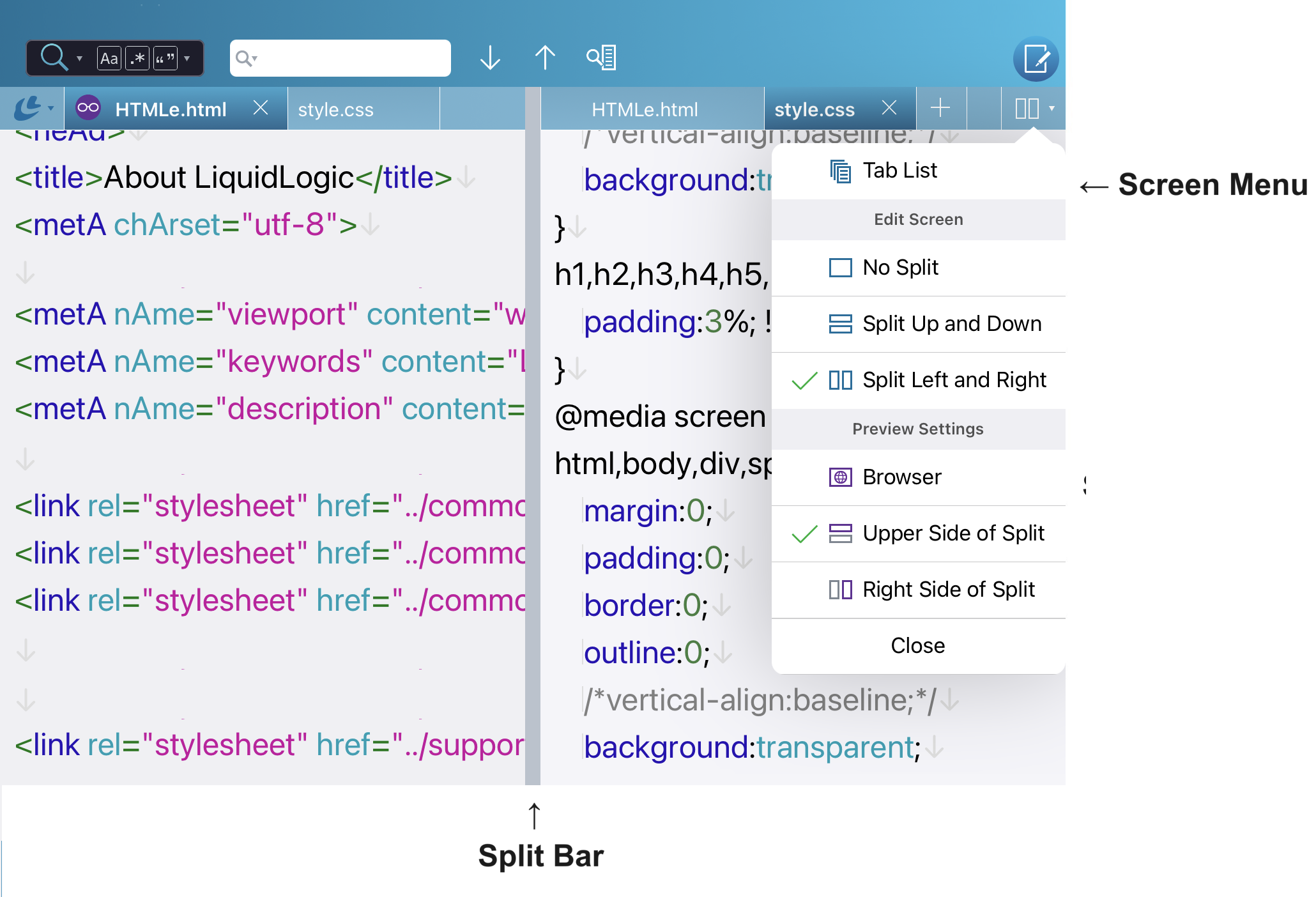左右分割時の画面