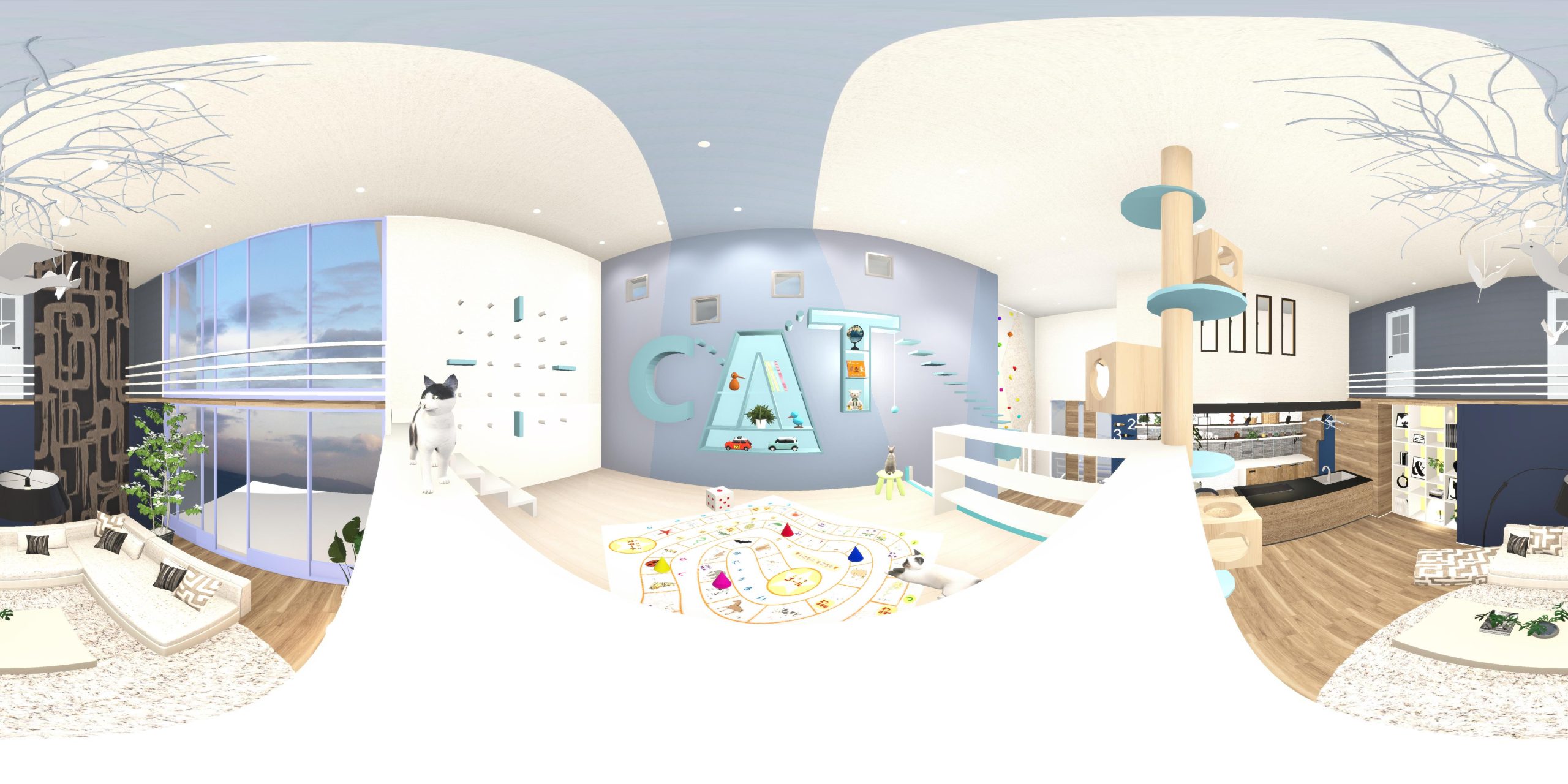 3Dプレゼンサンプル ＞ネコと子どもと暮らす家＞ネコと遊ぶ半2階360°パノラマ画像