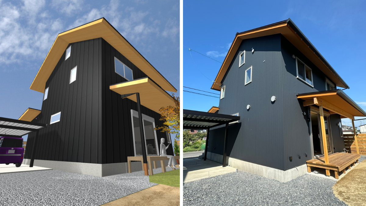 3Dマイホームデザイナーで作成したパースと実際に建てた家の外観写真の比較