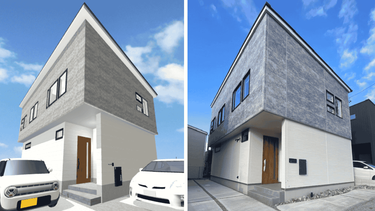 3Dマイホームデザイナーで作成した外観パース画像（左）と実際に建てた家の完成写真（右）