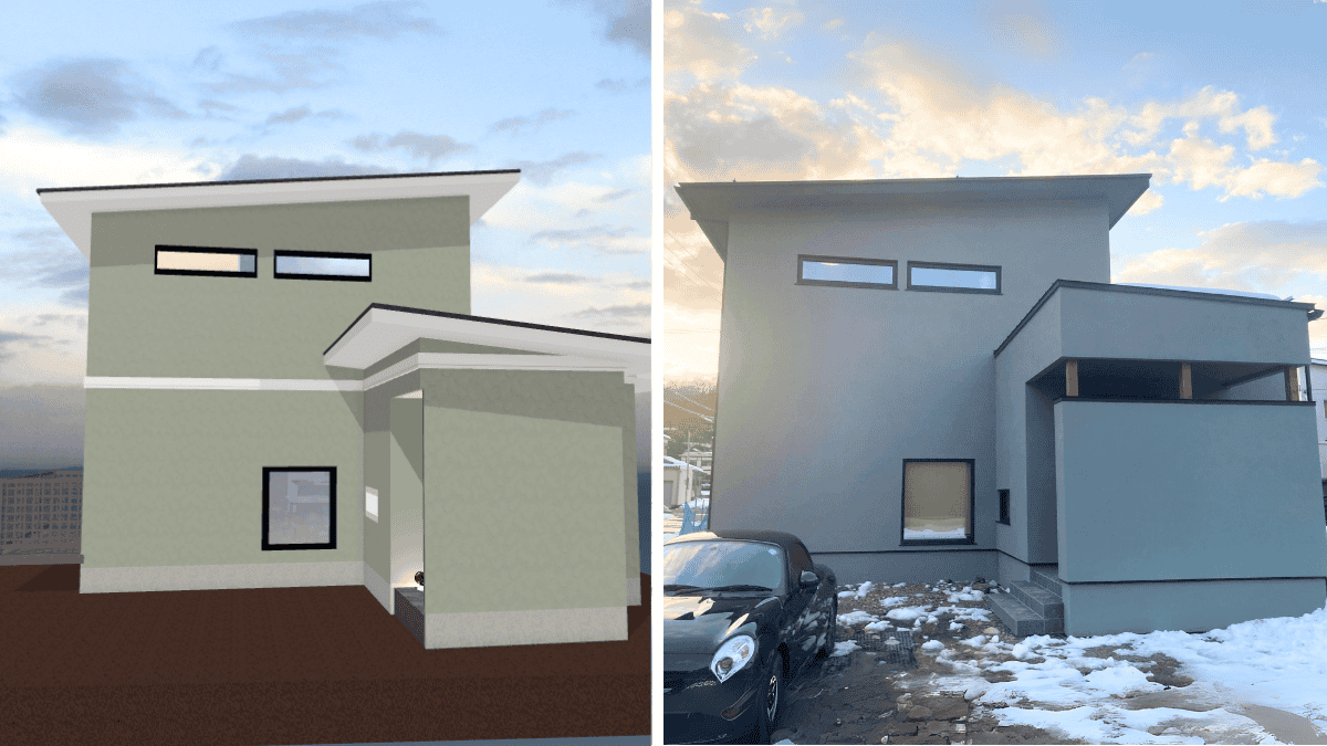 3Dマイホームデザイナーで作成した外観パース画像（左）と実際に建てた家の完成写真（右）