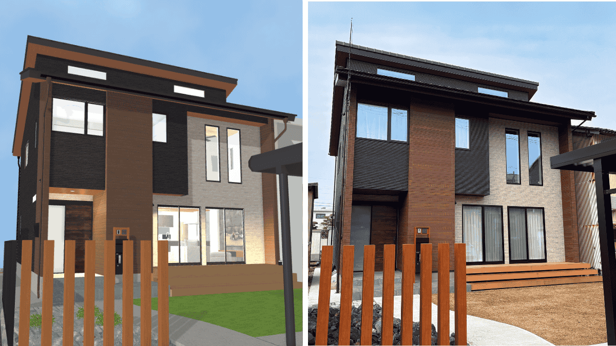 3Dマイホームデザイナーで作成した外観パース画像（左）と実際に建てた家の完成写真（右）