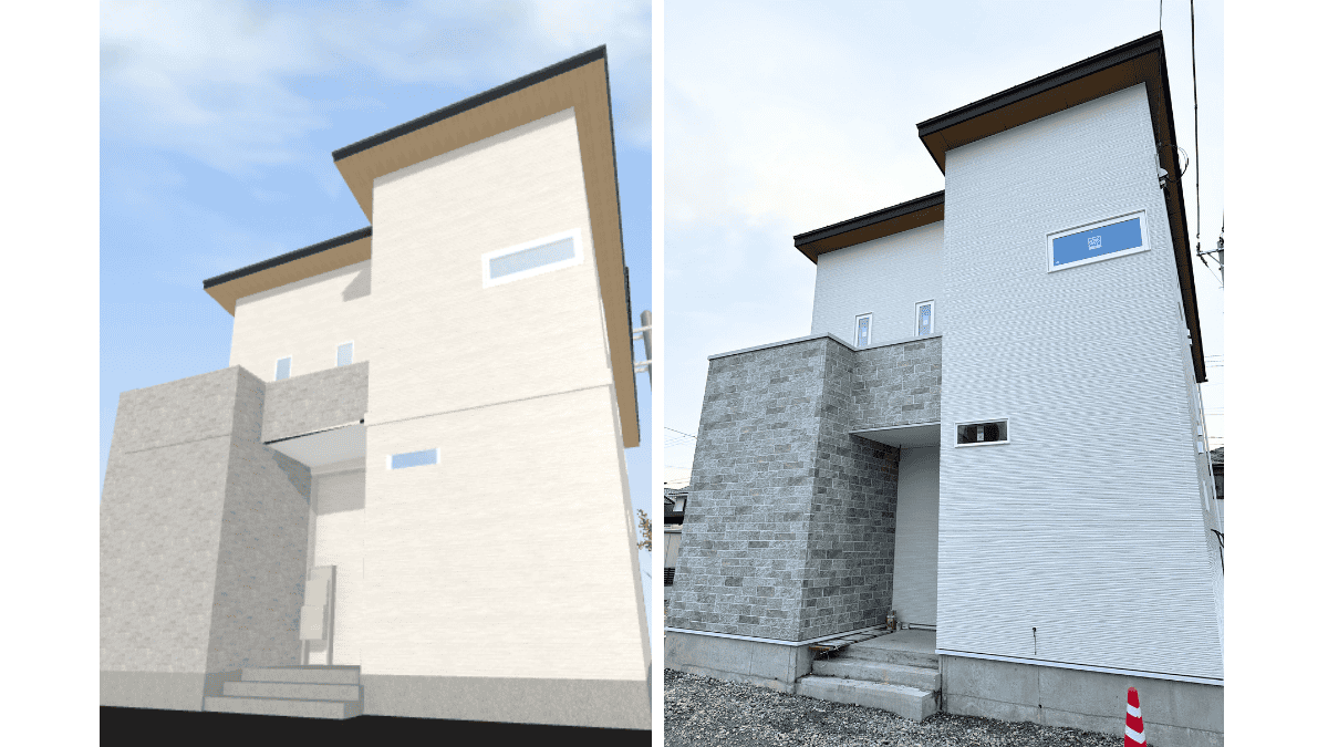 3Dマイホームデザイナーで作成した外観パース画像（左）と実際に建てた家の完成写真（右）