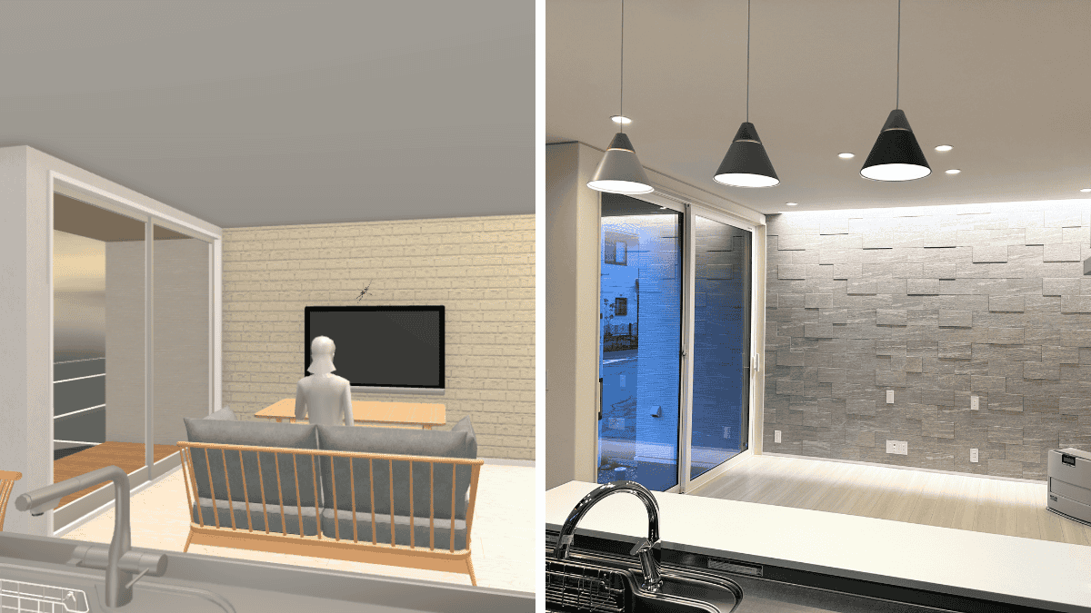 3Dマイホームデザイナーで作成した内観パース画像（左）と実際に建てた家の完成写真（右）