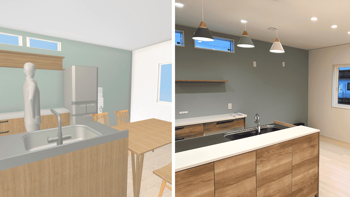 3Dマイホームデザイナーで作成した内観パース画像（左）と実際に建てた家の完成写真（右）