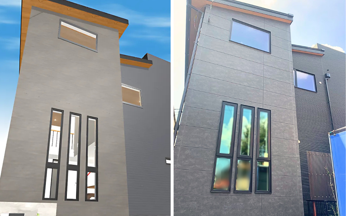 マイホームデザイナーで建てた家の外観パースと完成写真の比較