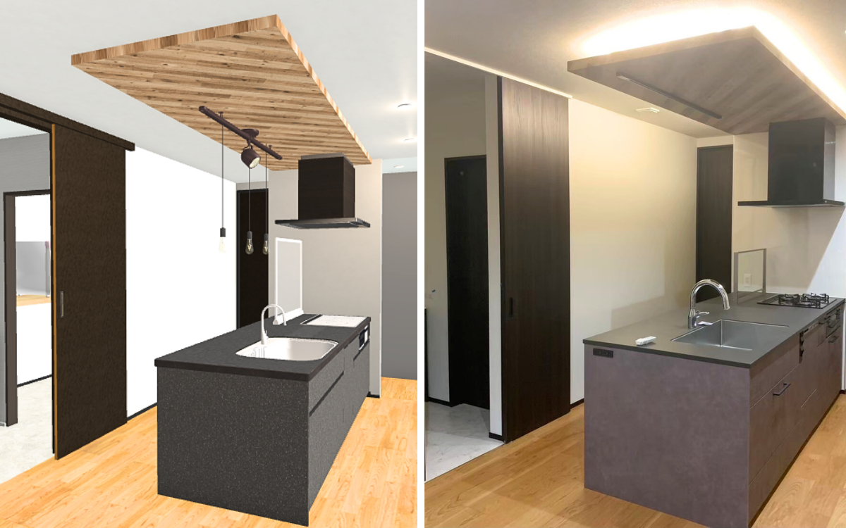 マイホームデザイナーで建てた家の内観パースと完成写真の比較