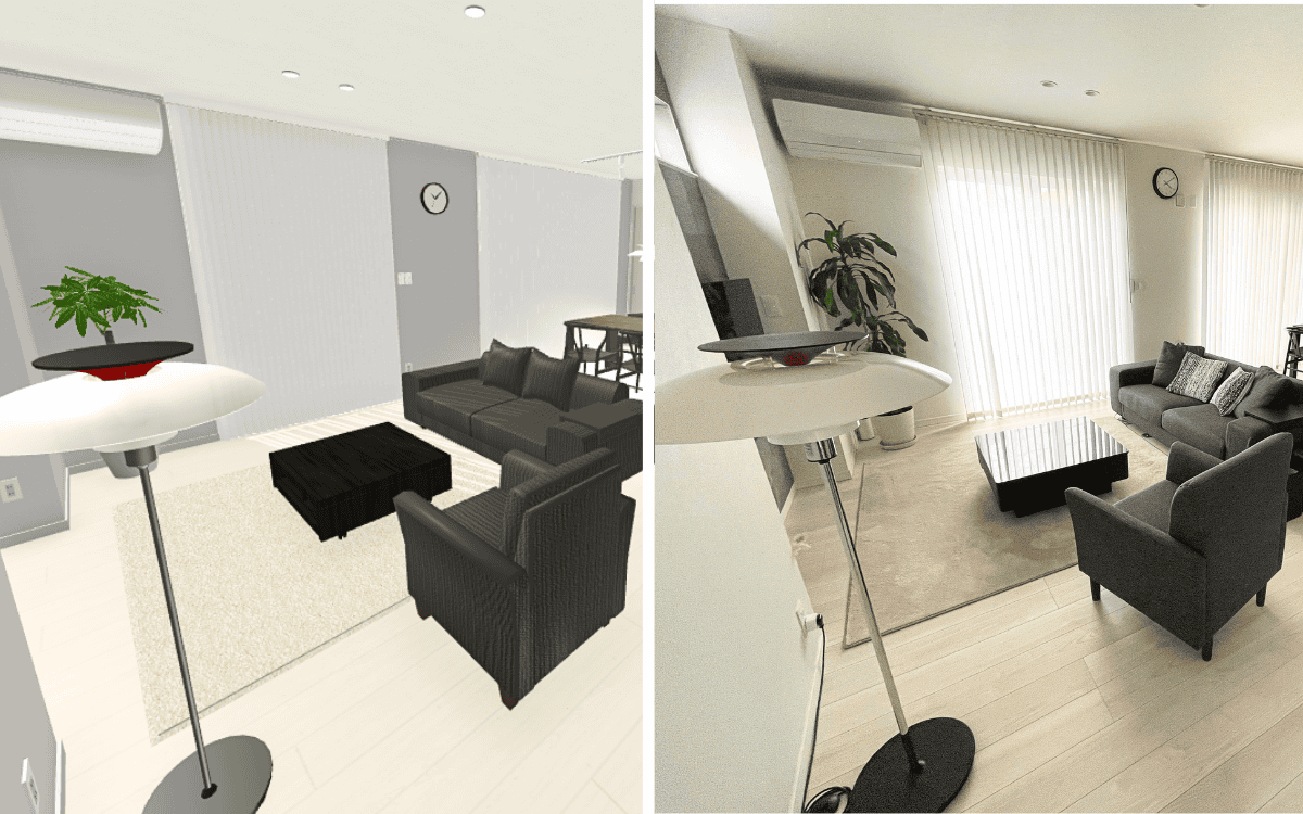 マイホームデザイナーで作成した内観パースと完成写真の比較