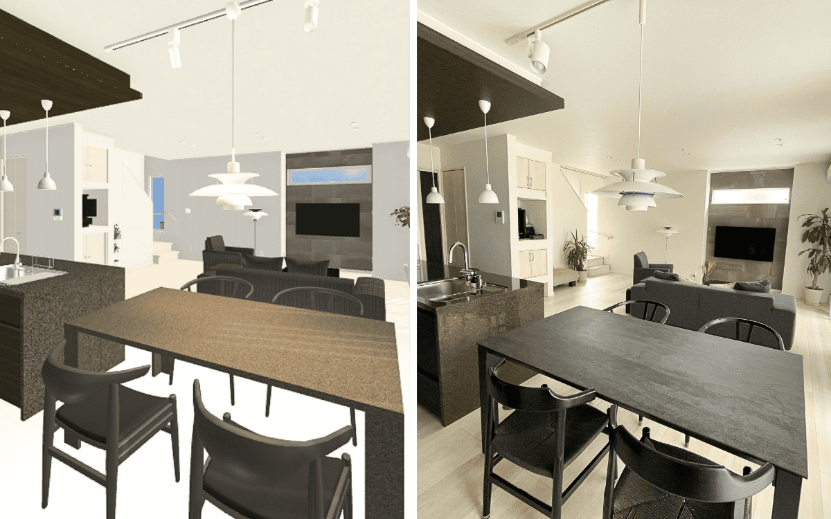 マイホームデザイナーで作成した内観パースと完成写真の比較