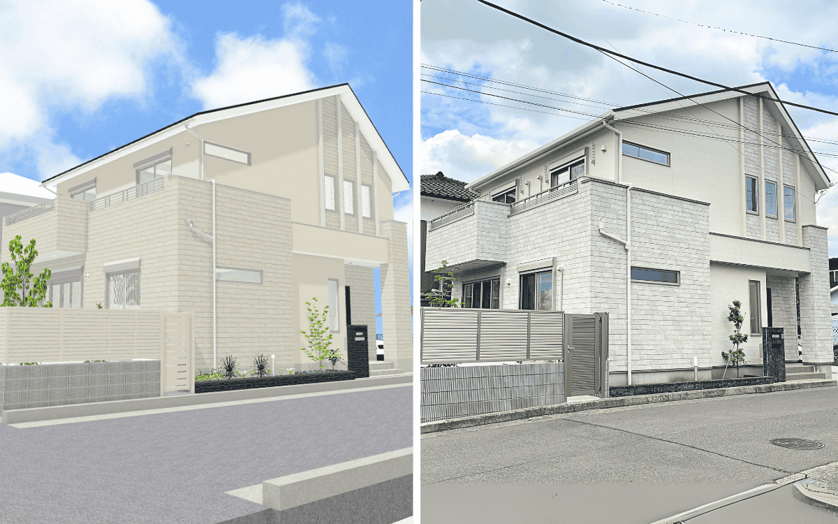 マイホームデザイナーで作成した外観パースと完成写真の比較