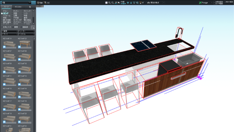 マイホームデザイナー操作画面に映し出されたキッチンパーツのレイヤ分け