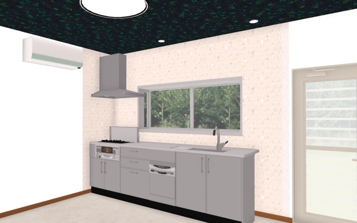 アクセントカラーの壁紙があるキッチン