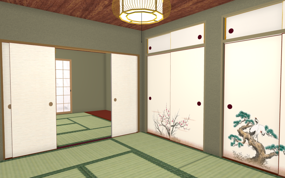 押し入れに桜と松野絵柄が入っている和室