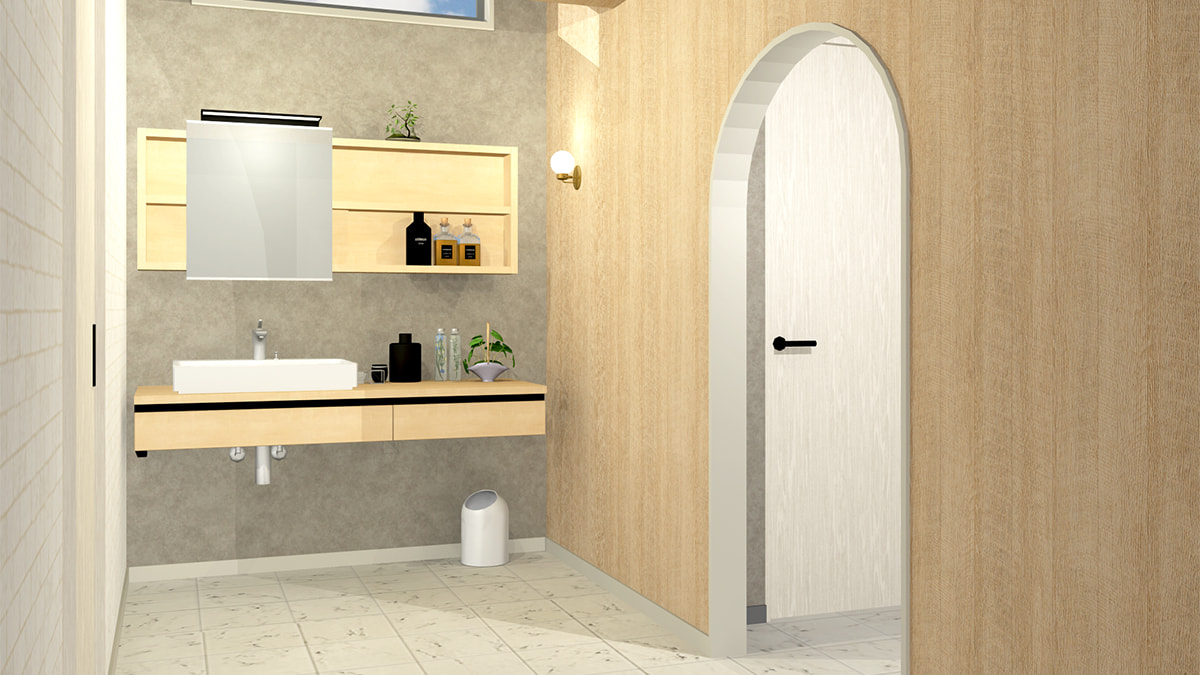 【新着パーツ使ってみた-54／サンゲツ】モルタル柄を3Dパースで使ってみよう。閉塞感を生まない工夫をあれこれ取り入れてみました。