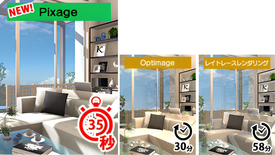 Pixage、Optimage、レイトレースレンダリングの1枚当たりの出力時間比較